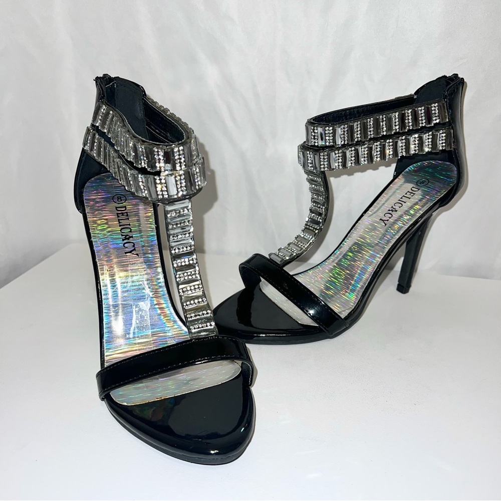 Black Leather Rhinestone Ankle Strap Formal Dress Heels